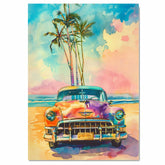 Watercolor Painting of Retro Car on Tropical Beach with Palm Trees and Colorful Sky Background on Ready to Hang 1.5" Thick Canvas Wrap, Floating Framed Canvas, Flat Rolled Canvas